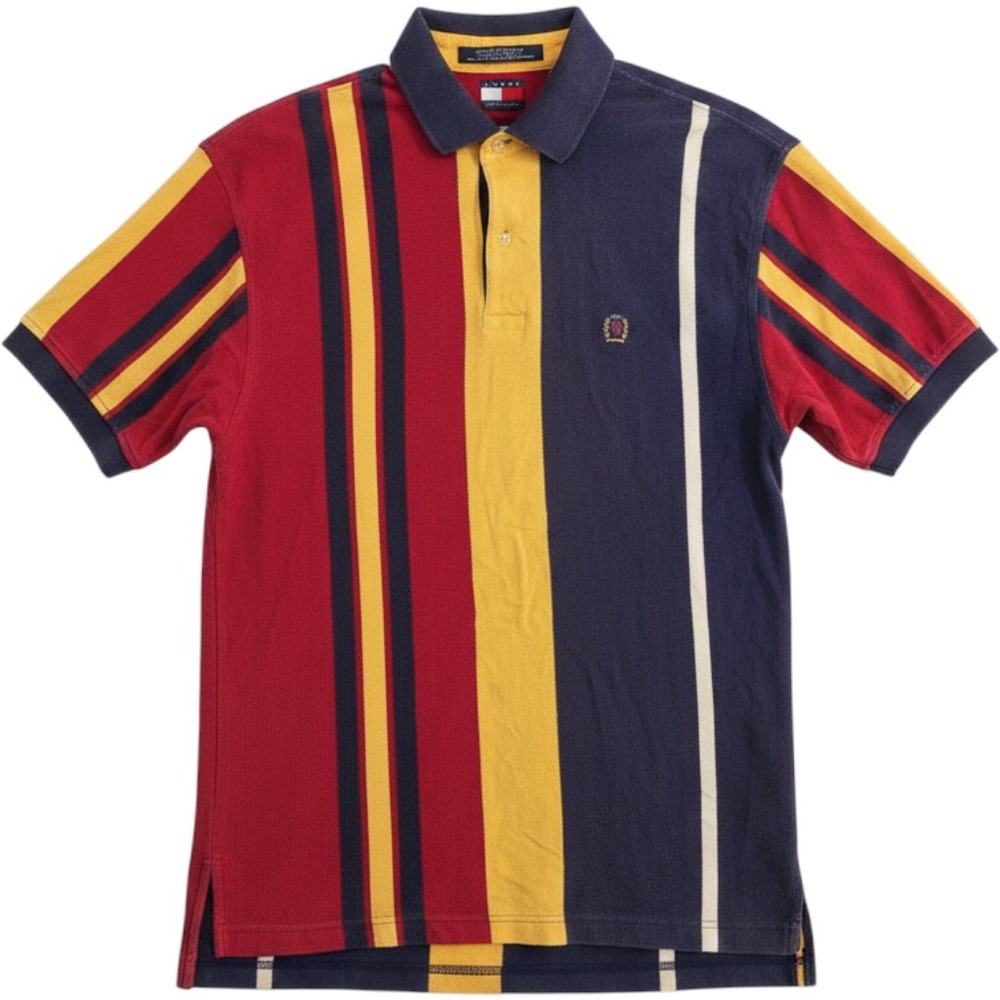 Tommy Hilfiger Vintage 90s Colorblock Multi Stripe Polo Shirt‎ Medium Red Blue